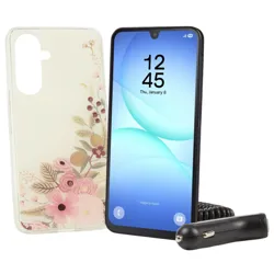 Smartphone with floral case and a car charger.