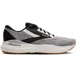 Brooks Adrenaline GTS running shoe in black and white with a textured upper, featuring a cushioned sole and gum outsole.