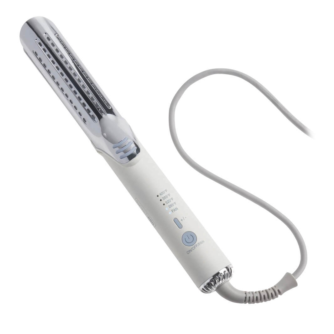 A Conair device featuring combined curling and straightening capabilities with multiple temperature settings from 285°F to 400°F, a fan setting, and an on/off switch with a cool tip for safer handling.