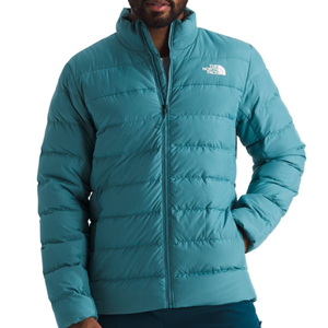 The North Face Aconcagua 3 is a teal insulated puffer jacket with a full front zip and a high collar, featuring the brand's logo on the chest.
