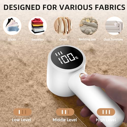 A fabric shaver with three speed settings (Low, Middle, High) is shown being used on a fuzzy surface, optimized for use on socks, sweaters, coats, bedding sets, and cloth furniture.