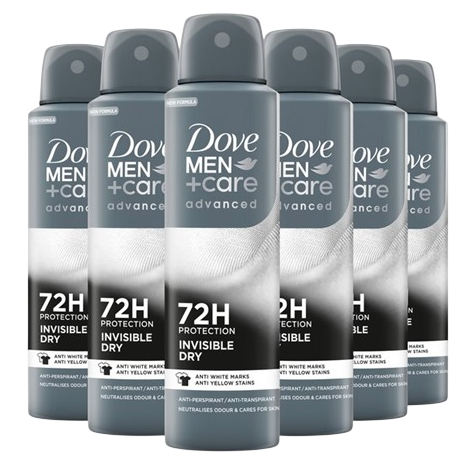 Six cans of Dove Men+Care Advanced Invisible Dry Antiperspirant offering 72-hour protection, designed to prevent white marks and yellow stains.