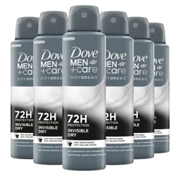Six cans of Dove Men+Care Advanced Invisible Dry Antiperspirant offering 72-hour protection, designed to prevent white marks and yellow stains.
