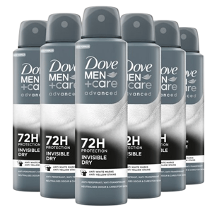 Six cans of Dove Men+Care Advanced Invisible Dry Antiperspirant offering 72-hour protection, designed to prevent white marks and yellow stains.