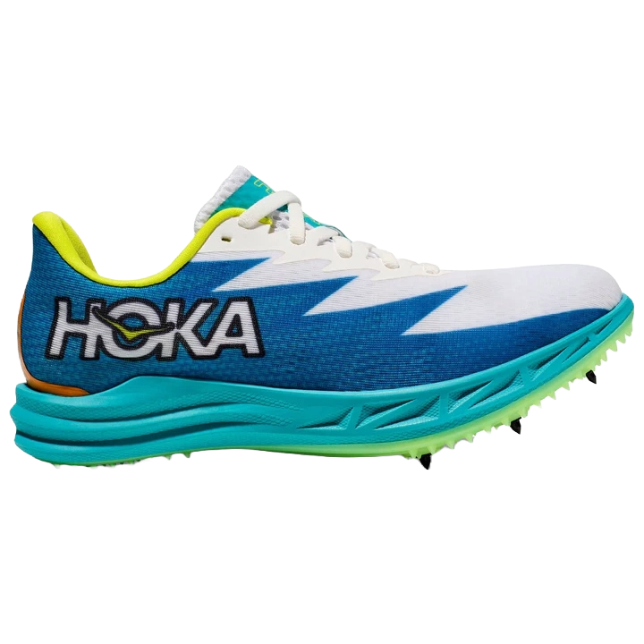 Hoka running spike shoe with a blue and white design, featuring distinct branding and a turquoise sole with spikes for track performance.