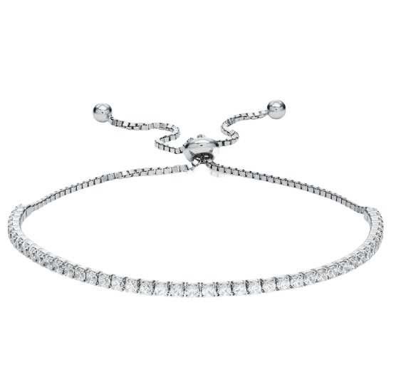 A silver adjustable bracelet with a thin band of small, clear gemstones, featuring a sliding ball clasp and two end beads for easy size adjustment.
