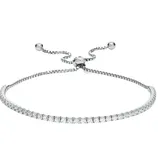 A silver adjustable bracelet with a thin band of small, clear gemstones, featuring a sliding ball clasp and two end beads for easy size adjustment.
