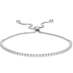 A silver adjustable bracelet with a thin band of small, clear gemstones, featuring a sliding ball clasp and two end beads for easy size adjustment.