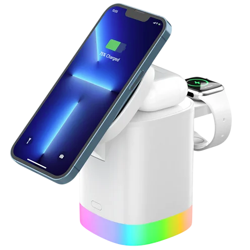 A multifunctional wireless charging station with LED lights, designed to charge a smartphone, earbuds, and a smartwatch simultaneously.
