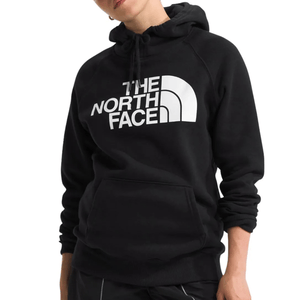 A person is wearing a black hoodie with \“The North Face\“ logo prominently displayed on the front. The hoodie features a drawstring hood and a front kangaroo pocket.