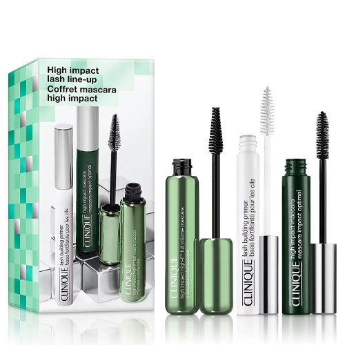 Clinique's 3-piece Full-Size Mascara Set includes a Lash Building Primer in a white tube, High Impact Mascara in black and green packaging, and comes with a green and white textured box.