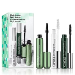 Clinique's 3-piece Full-Size Mascara Set includes a Lash Building Primer in a white tube, High Impact Mascara in black and green packaging, and comes with a green and white textured box.