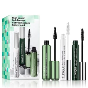 Clinique's 3-piece Full-Size Mascara Set includes a Lash Building Primer in a white tube, High Impact Mascara in black and green packaging, and comes with a green and white textured box.