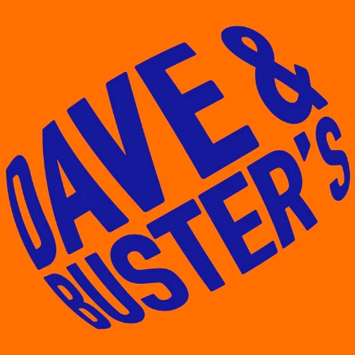 Blue text on an orange background reads \“Dave & Buster's\“ with a playful, tilted design.