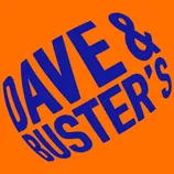 Blue text on an orange background reads \“Dave & Buster's\“ with a playful, tilted design.