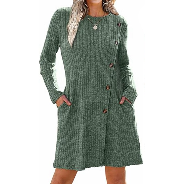 A green ribbed knit dress with long sleeves, a diagonal button closure, and front pockets.