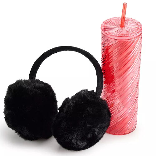 Black faux fur earmuffs and a red swirl-patterned tumbler with a straw.
