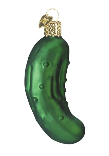 A green pickle-shaped ornament with a gold cap and hanging loop, often associated with holiday decorations and the tradition of hiding it on a Christmas tree.