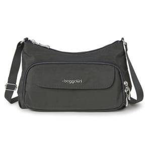Black crossbody bag with adjustable strap and multiple zipper compartments.