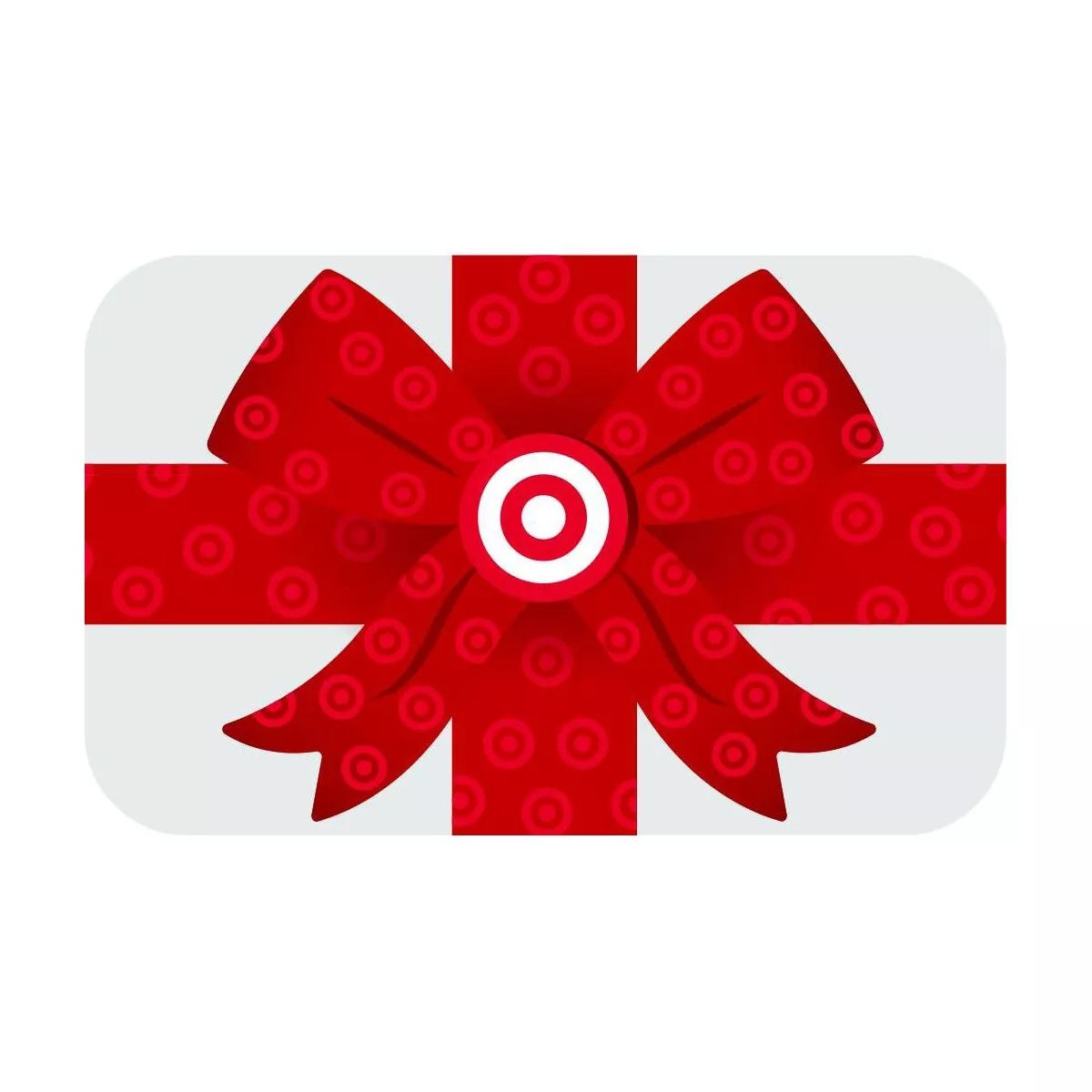 Gift card featuring a red bow with circular patterns and a central logo resembling a target symbol.