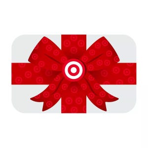 Gift card featuring a red bow with circular patterns and a central logo resembling a target symbol.