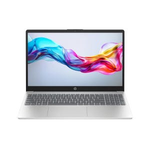 A silver laptop with a colorful screen displaying a vibrant, abstract design, featuring a full keyboard and a sleek black bezel.