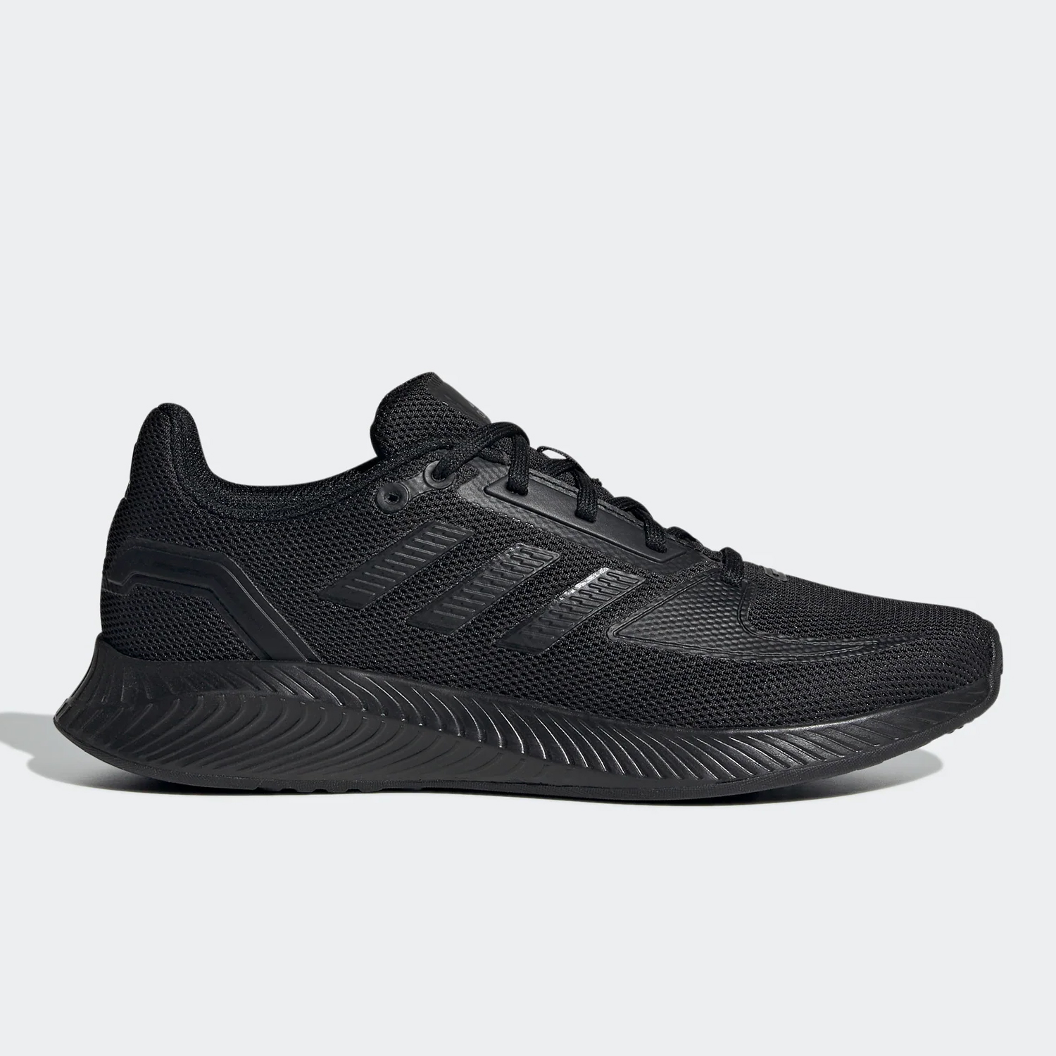 A single black running shoe with textured details and a layered sole.
