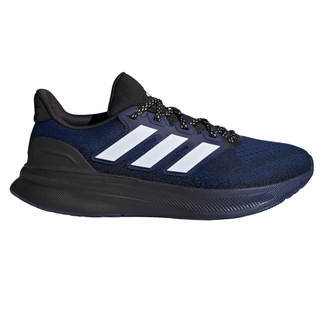 A navy blue adidas running shoe with white stripes and a black sole, featuring black laces and a breathable mesh upper.