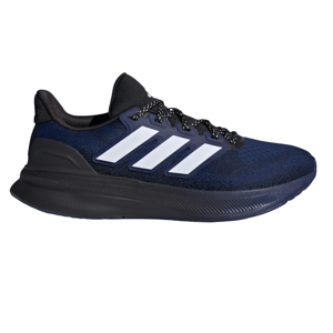 A navy blue adidas running shoe with white stripes and a black sole, featuring black laces and a breathable mesh upper.