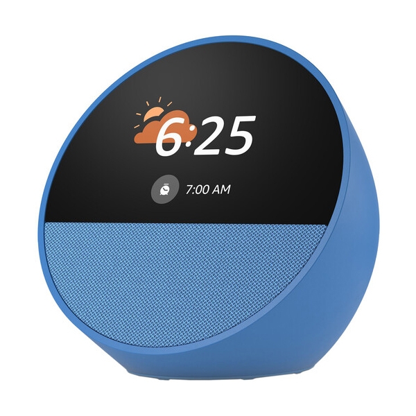 A blue Echo Spot smart alarm clock with a round display shows the time, weather, and alarm settings. It has a front-facing speaker and a sleek, compact design.