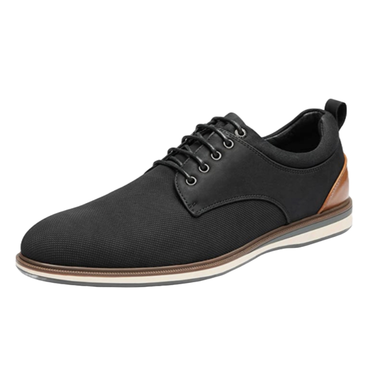 Men's Bruno Marc Oxfords are black shoes featuring a round toe, lace-up closure, and a contrasting brown heel accent. The sole is layered with brown and white stripes for a stylish, casual look.