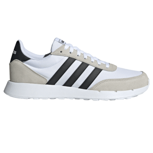 White and beige Adidas sneaker with black stripes on the side.