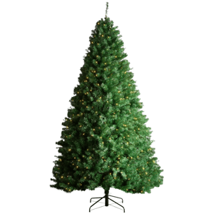 Artificial Christmas tree with dense green branches and built-in warm white lights on a metal stand.