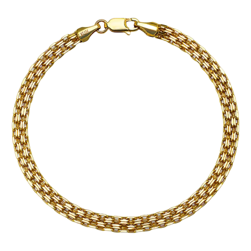 A gold Byzantine-style chain necklace featuring intricate interlinked patterns and a lobster clasp closure.