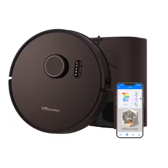 A bObsweep robotic vacuum cleaner with a docking station and a smartphone displaying its control app.