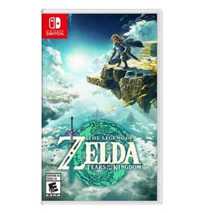 The cover art for \“The Legend of Zelda: Tears of the Kingdom\“ video game, features the game's hero standing on floating ruins above clouds with a stylized title emblem below.