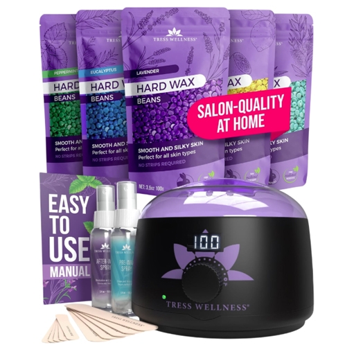 Waxing kit featuring hard wax beans in various scents, a digital wax warmer, pre and post-wax sprays, application sticks, and an instruction manual.