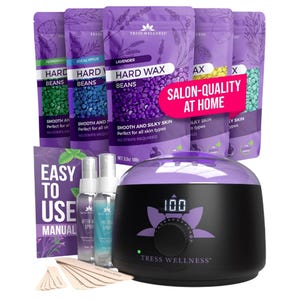 Waxing kit featuring hard wax beans in various scents, a digital wax warmer, pre and post-wax sprays, application sticks, and an instruction manual.