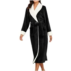 A black plush bathrobe with white accents, featuring a shawl collar, cuffs, belt tie, and pockets.