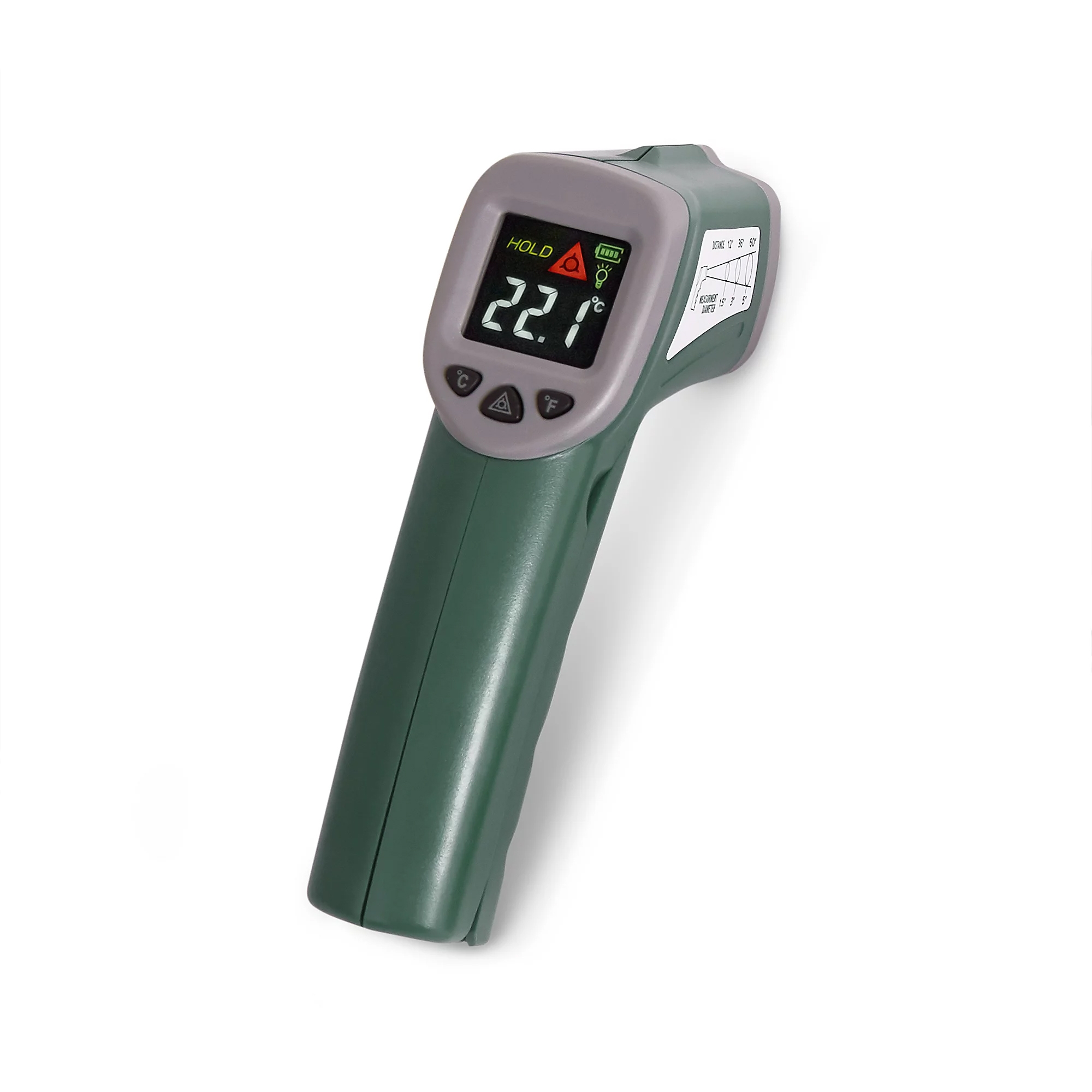 Infrared thermometer with a digital display showing a reading of 22.1°C.