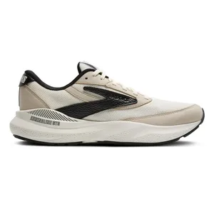A beige and black running shoe with the text \“Adrenaline GTS\“ on the midsole, featuring a cushioned sole and mesh upper.