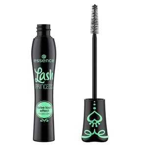 Essence Lash Princess mascara features a false lash effect with a green-accented black bottle and applicator brush.