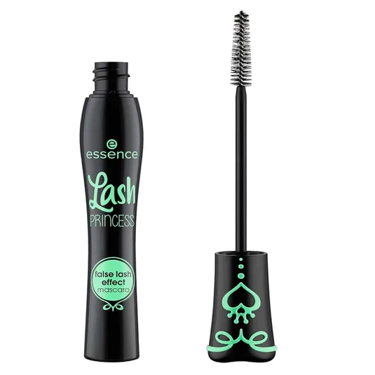 Essence Lash Princess mascara features a false lash effect with a green-accented black bottle and applicator brush.