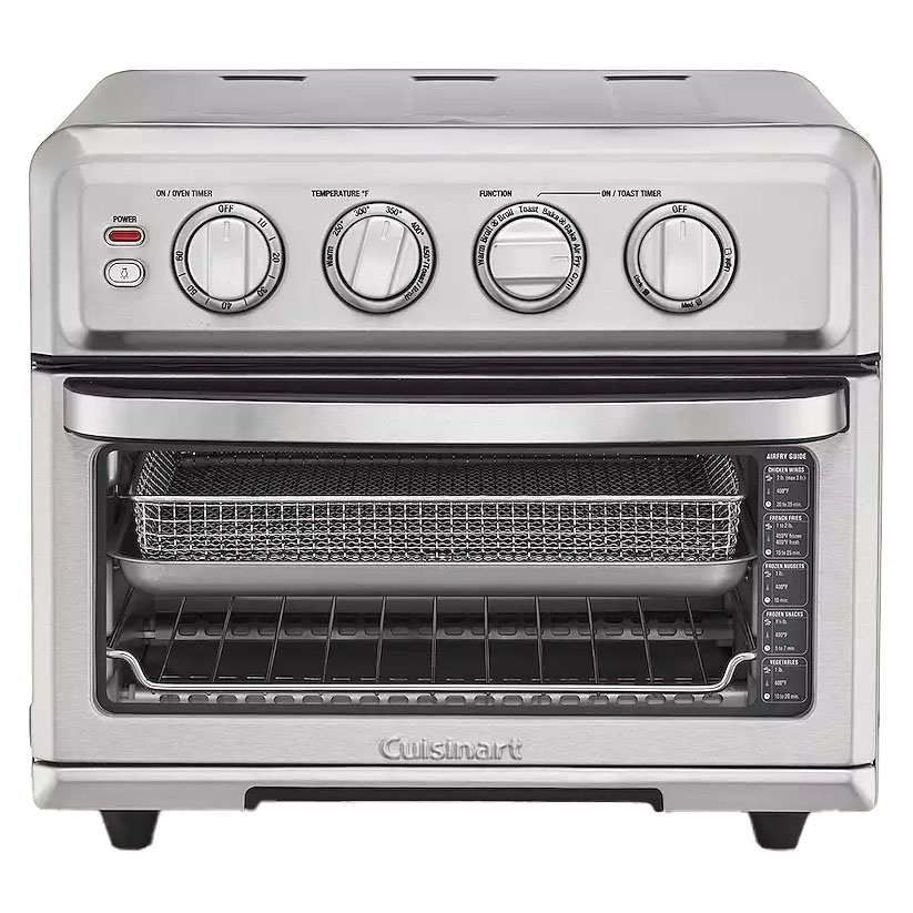Cuisinart air fryer toaster oven with adjustable knobs for power, timer, temperature, function, and toast settings. Includes an air fry basket and a drip tray.
