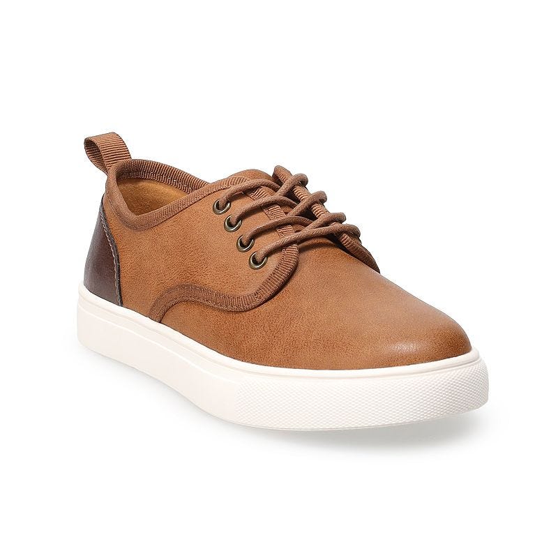 Brown boys' Sonoma Howardd dress sneakers feature a low-top design with a white sole and tan laces.