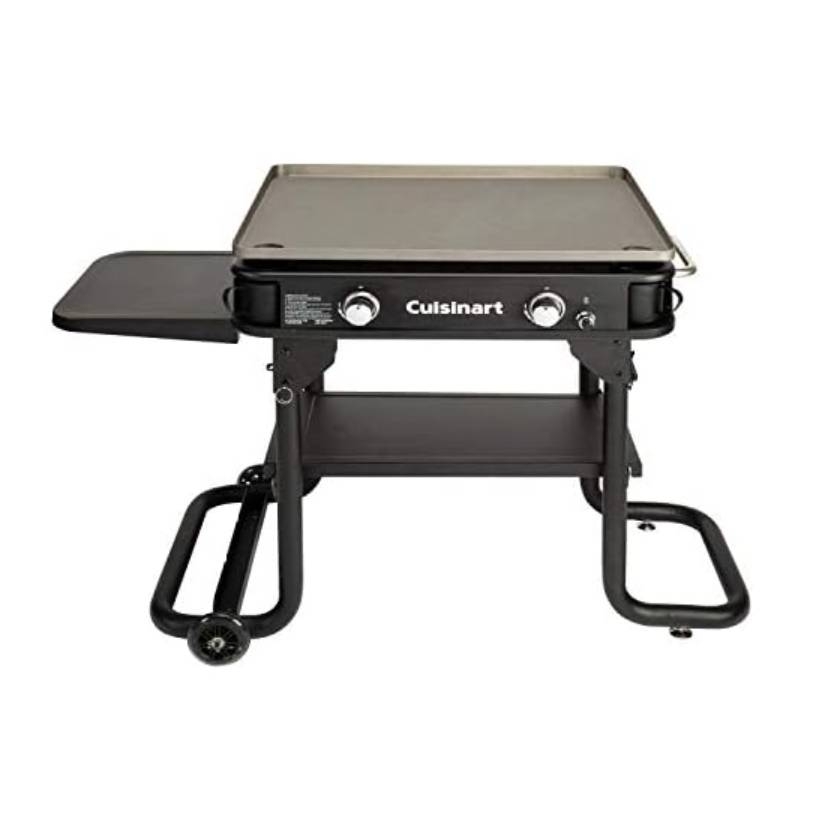Cuisinart Propane Griddle features two burners, folding legs, a side workspace, and a spacious cooking surface on wheels for easy mobility. The design includes control knobs, a lower shelf, and a sturdy, portable frame.