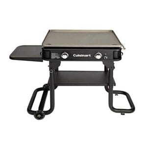 Cuisinart Propane Griddle features two burners, folding legs, a side workspace, and a spacious cooking surface on wheels for easy mobility. The design includes control knobs, a lower shelf, and a sturdy, portable frame.