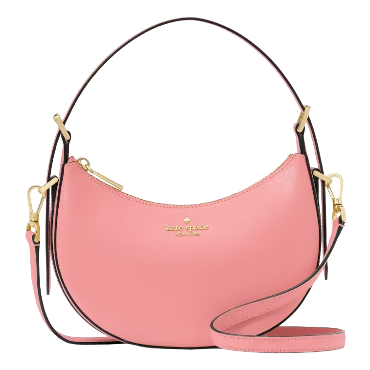 Pink Kate Spade New York handbag with a curved design, gold accents, and two detachable straps.
