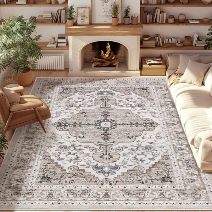 A living room features a large, ornate area rug with a central floral pattern, surrounded by a cozy seating area with a beige sofa and armchair. A lit fireplace and wooden shelves with books and decor complete the space.
