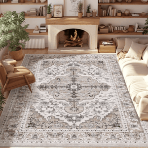 A living room features a large, ornate area rug with a central floral pattern, surrounded by a cozy seating area with a beige sofa and armchair. A lit fireplace and wooden shelves with books and decor complete the space.